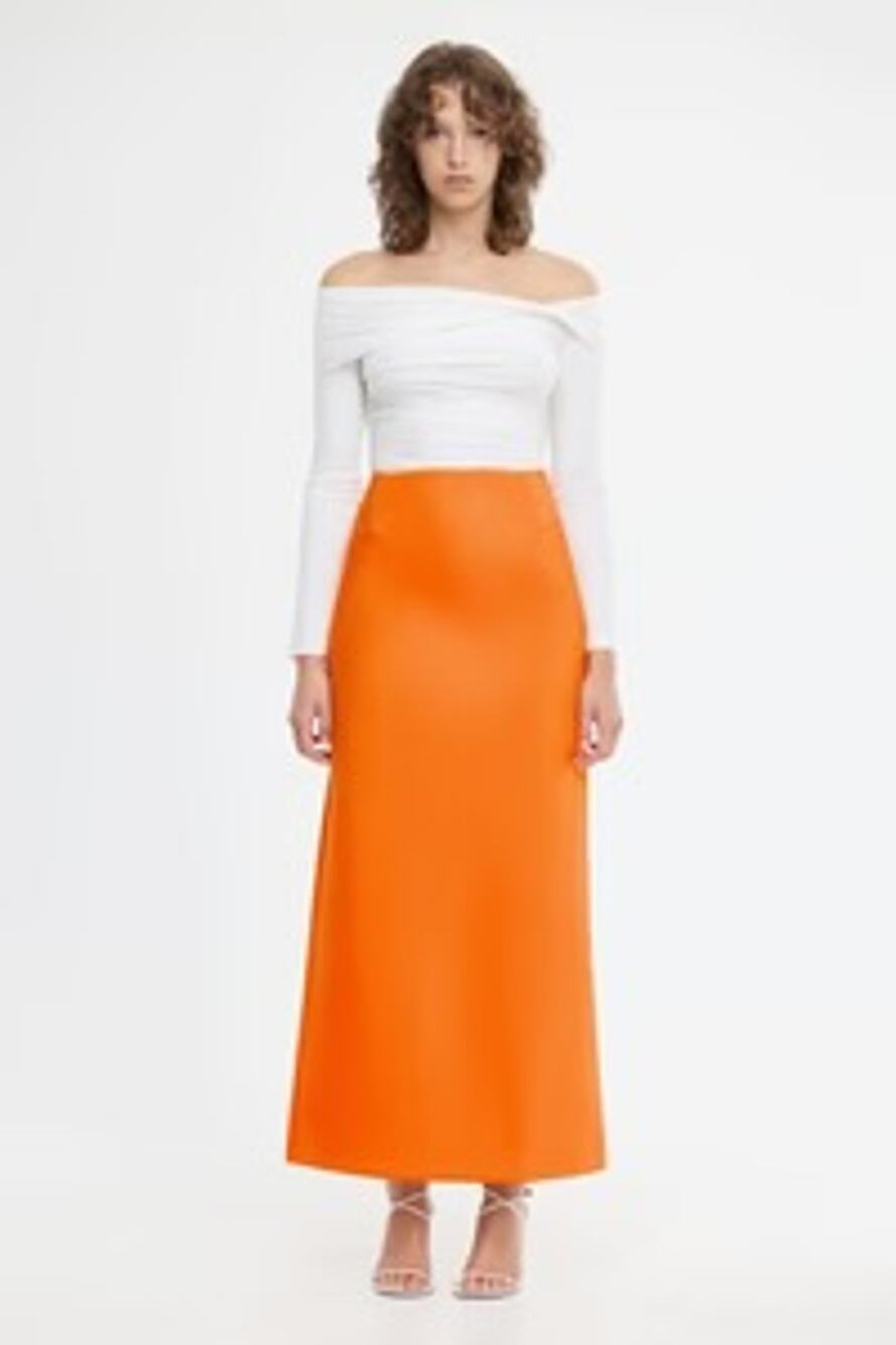 ACLER Balderstone Maxi Skirt Tangerine Orange Scuba US 6 NWT Quiet Luxury Event